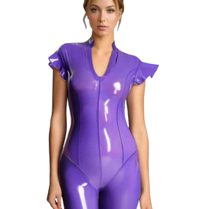 Women's Purple PU Coated <b>Jumpsuit</b> Short Sleeve V-Neck High Waist Skinny Fit With Zipper Clubwear Full Length Solid Color - Product Image 3