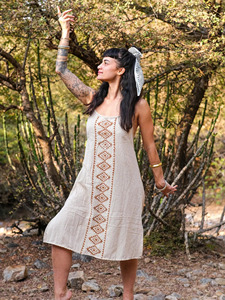 Vestido maxi de algodón Khadi con estampado a mano, vestido de verano sin mangas estilo bohemio, escote pronunciado favorecedor, vestido de tela Khadi tejido a mano. - Product Image 6