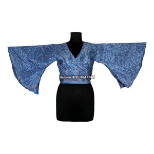 Nouveau Top en Soie Tendance pour Femme, en Soie Recyclée, Style Indien, à Manches Cloche, à Nouer sur le Devant, Style Hippie Rétro, Taille Unique - Product Image 3