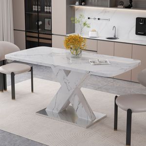Tavolo da Pranzo Moderno Quadrato con Piano in Marmo Bianco Estensibile e Base in Metallo a X in MDF con Design Stampato (SKU W7) - Product Image 1