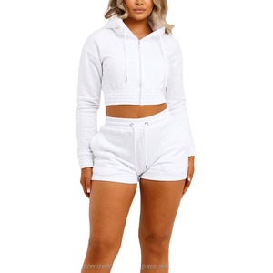 New Arrival Stylish Solid Pattern Comfortable Fleece Size 6XL Gym Wear Premium Quality Women's Crop Hoodie Shorts Set - Product Image 3