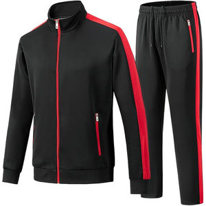 Survêtement pour homme noir à rayures rouges, veste zippée intégrale, pantalon assorti, poches latérales, taille élastique, tenue sportive pour l'automne - Product Image 1