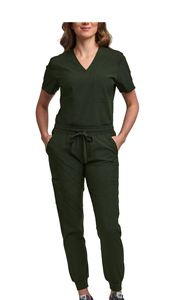 Unisex <b>Nursing</b> <b>Scrub</b> Set V-Neck Tuck-In Top Jogger Pants Yoga Waistband Stand Collar Short Sleeve Worsted Fabric Hospital Solid - Product Image 6