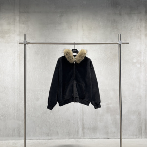 Wholesale Custom Oversized Distressed Faux Fur <b>Hood</b> Solid Heavyweight Cotton <b>Zip</b> Hoodie Boxy Style Custom logo for Men - Product Image 1