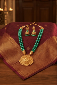 Traditional Temple Wedding Gift Jewelry Set Green Beaded Gold Plated Brass Necklace and Earrings Antique Style <b>for</b> Women - Product Image 3