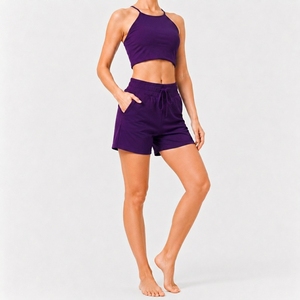 Womens Comfortable Sleeveless Crop Top And <b>Elastic</b> Waist Pocket Shorts Set For Warm Weather Wear - Product Image 3