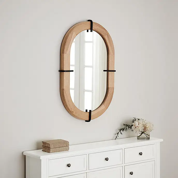 Фабричная мебель ручной работы настенная деревянная овальная дубовая сплайсинга черная железная HD стеклянная зеркальная Гостиная Ванная комната входной камин