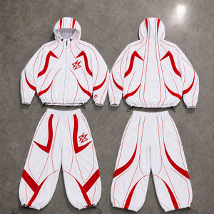 Unisex <b>White</b> Red Solid Hooded Streetwear Lightweight Oversized <b>Tracksuit</b> Half-zip Full Sleeve Breathable Polyester Two Piece Set - Product Image 1