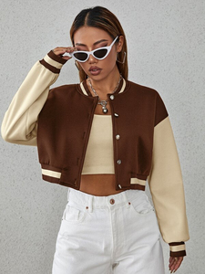 Veste courte de style universitaire pour femme, marron crème, couleur contrastée, manches longues, col boutonné, style streetwear automne - Product Image 2