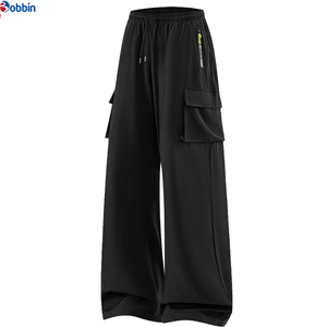Top Trending Customized Men's Wide Leg Cargo Pants Elastic Waist Drawstring Lightweight Summer Casual <b>Trousers</b> Multiple Pockets - Product Image 5