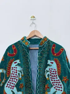 Ethnic Turquoise <b>Velvet</b> Embroidered Suzani <b>Jacket</b> with Animal Print Full Sleeve Stand Collar Handmade Bohemian Autumn Coat - Product Image 2