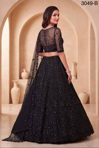 Black <b>Net</b> Embroidered Lehenga Set Sequin Beaded Zardosi Semi Stitched <b>Dupatta</b> Wedding Party Wear for Women - Product Image 3