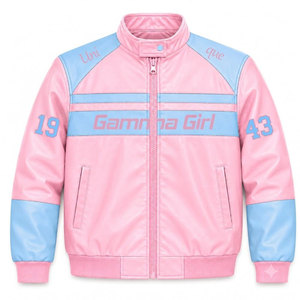 Gamma Phi Delta Sorority Gamma Girl Pink Varsity <b>Racing</b> <b>Jacket</b> PU Leather Zipper Front Letter Sleeve <b>Racing</b> Women's <b>Jacket</b> - Product Image 1