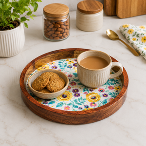 Custom Modern Premium Acacia Wood Serving Tray with Floral Design | Handmade Eco Friendly Decorative <b>Food</b> <b>Server</b> Home Hotel Use - Product Image 4