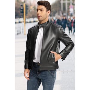 Chaqueta de Cuero Casual para Hombre, Nueva Llegada, Cuero Genuino, Tela de Lona, Cuello Alto, Cierre de Cremallera, Transpirable y Ecológica - Product Image 5