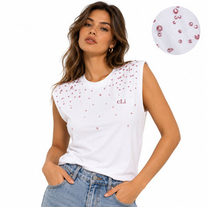 Chemise blanche chic pour femme, sans manches, ornée de strass, débardeur personnalisé en cristal rose, coton de luxe, col rond, mode été - Product Image 1