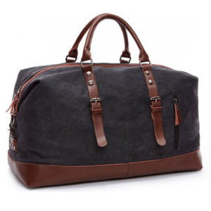 Blue Canvas Travel Duffel Bag With Brown Leather Trim And Adjustable Straps Fashionable Durability Feature - Product Image 4