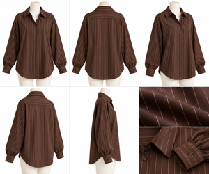 Camisa de Mujer, Color Marrón, con Botones, Manga Larga, Cuello Clásico, Estilo Vintage, 100% Seda, para Oficina, Negocios o Uso Casual - Product Image 6