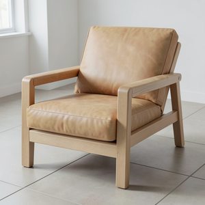 Sillón de Cuero Vacuno Auténtico, Sillón Moderno con Estructura de Madera, Tapicería de Cuero Genuino para Sala de Estar, Muebles de Hotel - Product Image 1