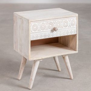 Natural Wood Nightstand <b>Side</b> Cabinet Carved Bedside <b>Table</b> <b>Storage</b> Drawer Open Shelf for Bedroom - Product Image 2