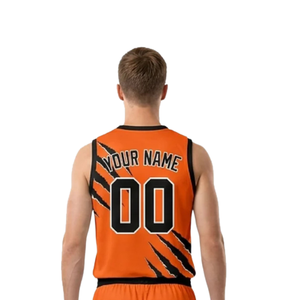 Ensemble d'uniformes de basketball personnalisés pour hommes, orange et noir, maillot sans manches à col en V, short, imprimé griffes et coupures, numéros d'équipe, kit d'équipe en gros - Product Image 4