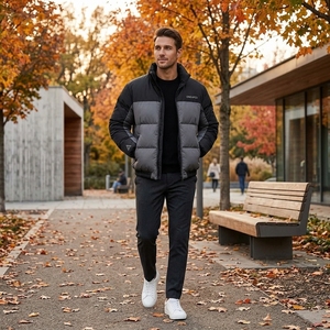 Blouson matelassé pour homme noir et gris, col montant, fermeture éclair, manteau d'hiver chaud, décontracté, streetwear, personnalisable, marque privée - Product Image 5