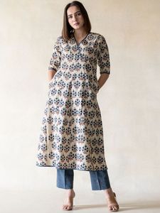 <b>Women</b> Floral Printed Cotton <b>Kurta</b> Trousers Set Regular Fit Knee Length Casual Wear Quick Dry Traditional India Pakistan Design - Product Image 1