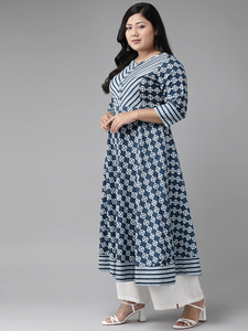 Kurta Anarkali en coton bleu à col mandarin et motifs floraux, grande taille pour femme, manches trois quarts, respirant, look estival - Product Image 2