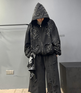 American Streetwear Hip Hop Style Men's Hoodie & <b>Pants</b> Set Full of Rhinestone Fashion Cotton Hoodie and Flare Sweatpants Set - Product Image 3