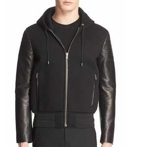Hot Selling Custom Made Men <b>Black</b> Hooded <b>Zipper</b>-Up Sweatshirt <b>Hoodie</b> With Leather Sleeves Slim Fit Autumn Leather Sleeves Hooded - Product Image 5