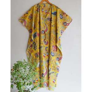 Ethinic Craft Hub Túnica Kaftán Ligera de Algodón con Diseño Floral Estampado a Mano, Bata de Baño y Cubrebañador con Cintura Natural - Product Image 2