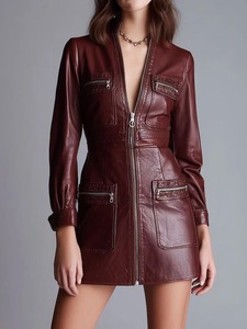 Mini-robe moulante bordeaux en similicuir pour femme, à manches bouffantes, zippée, à col, courte - Product Image 2