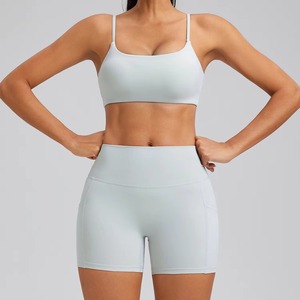 Women's 2-Piece Workout Sets Breathable Lightweight 100% Polyester Bra Mid Waist <b>Shorts</b> Pockets Plus Size for Yoga Gym Fitness - Product Image 2