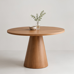 Modern Teak <b>Wood</b> <b>Round</b> <b>Dining</b> <b>Table</b> with Conical Pedestal Base Column - Product Image 1