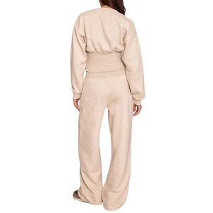 High Quality Beige Women's Professional Solid <b>Knitted</b> Sweatshirt & Wide Leg Pants <b>Set</b> Breathable Button Up Crop Top & Pants <b>Set</b> - Product Image 2