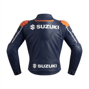 เสื้อแจ็คเก็ตมอเตอร์ไซค์หนังวัวแท้ซูซูกิสำหรับผู้ชาย/เสื้อแจ็คเก็ตสำหรับแข่งรถ พร้อมอุปกรณ์ป้องกันระดับ CE ระดับ 2 พร้อม Hump - Product Image 2