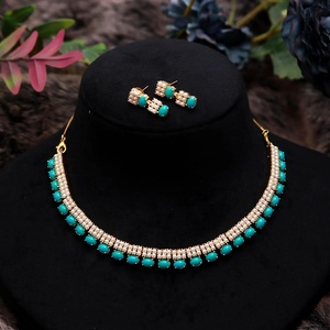 Turquoise and Pearl <b>Necklace</b> Set Oval Gemstone 22K Gold Plated Brass Adjustable Bridal Jewelry for Women - Product Image 1