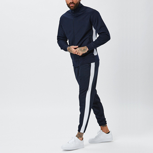 Survêtement bleu marine pour homme, col montant, couleur unie, fermeture éclair sur le devant, pantalon de survêtement décontracté avec poches latérales, vêtements d'automne - Product Image 1