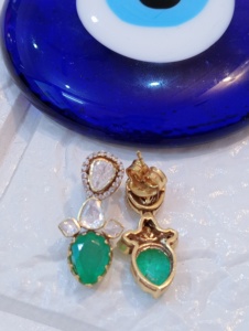AMAIRA JEWELS Vintage Gold Plated <b>Emerald</b> Cut Green Stone Women's Earrings Bezel Setting Silver Fashion Jewelry Set Badam Shape - Product Image 3