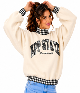 Wholesale Women’s Oversized <b>Mock</b> Neck Sweatshirt Custom Heavyweight Plaid Gingham Patchwork Casual Varsity Streetwear - Product Image 2
