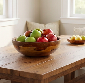 Bol à salade en bois d'acacia fait main, bol de service rond moderne pour la cuisine, le service et la salle à manger - Product Image 5