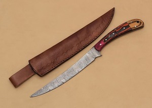 Cuchillo de filetear de acero de Damasco personalizado con hoja de punta caída y borde serrado, mango de madera, funda de cuero, 11 pulgadas de longitud total, 1 hoja - Product Image 3