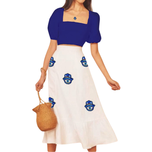 Robe bleue super douce et confortable en 100 % coton avec mini manches bouffantes, patchs perlés, respirante, pour femme, vente en gros, personnalisable - Product Image 2