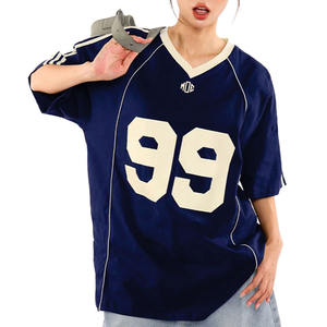 Maillot de football américain tendance 2026 en mélange de coton premium, bleu marine, pour femme, coupe oversize, col en V, avec bandes contrastantes, services OEM - Product Image 1