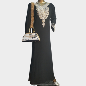 Black Luxury Kaftan <b>Dress</b> with <b>Silver</b> Embroidered Front and Ornate Cuff Detail for Elegant Wedding Party Wear - Product Image 1