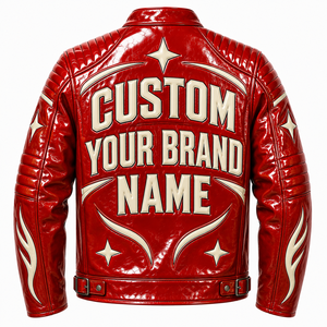 Custom <b>Red</b> Color Leather <b>Jacket</b> With Custom Brand Patch And Ribbed Stripe Trim Cuffs For Unisex Comfort Wear - Product Image 3