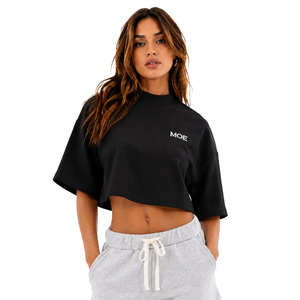 High Quality Boxy Fit women's shirt Drop Shoulder <b>Thick</b> Crewneck Collar Crop Top Raised Tonal Chest Embroidery Custom Sportswear - Product Image 1