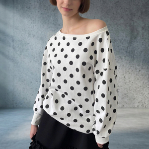 Sudadera de moda para mujer con hombros descubiertos, manga larga, estilo oversize, manga farol, de punto de algodón, estilo casual. - Product Image 1