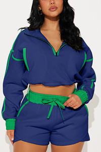 Women Plus Size Blue Green Contrast Tracksuit Set Casual Quarter-<b>Zip</b> Crop Top Shorts Loose Fit Summer Wear - Product Image 5