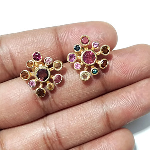 Multicolor Tourmaline Gemstone Stud <b>Earrings</b> 18K Gold Plated Sterling <b>Silver</b> Handmade Bohemian Statement Jewelry for Women - Product Image 3